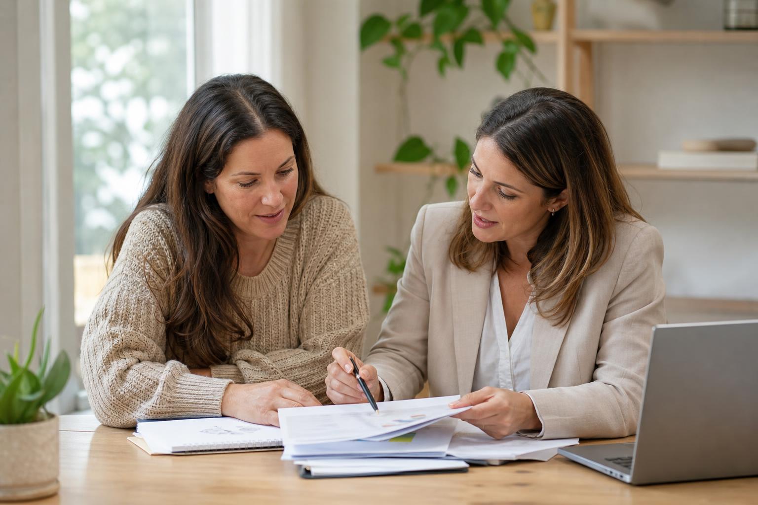A parent and educational consultant reviewing school records together at a warmly lit table